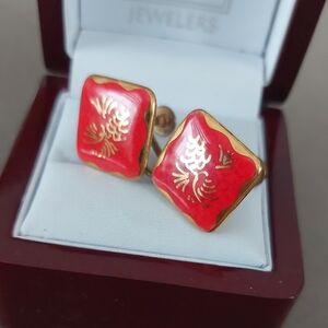 Vintage Hand-Painted Porcelain Red & Gold Screwback Earrings